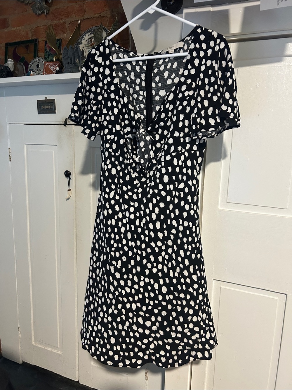 LOFT Black Mini Dress with White Spot Print and Tie Front